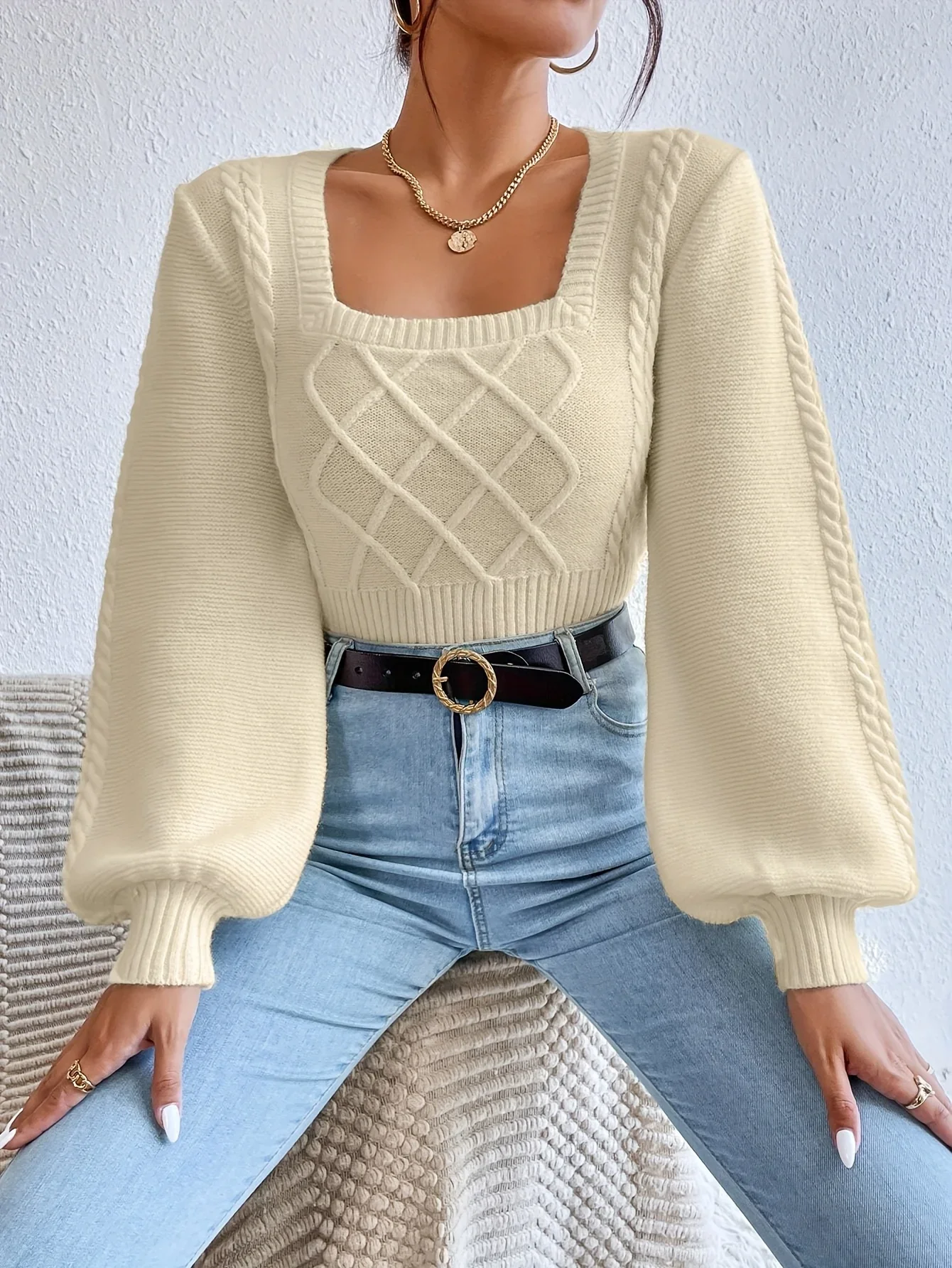 Autumn in Europe and the US square neck bell sleeve long sleeve pullover short knitted sweater for women