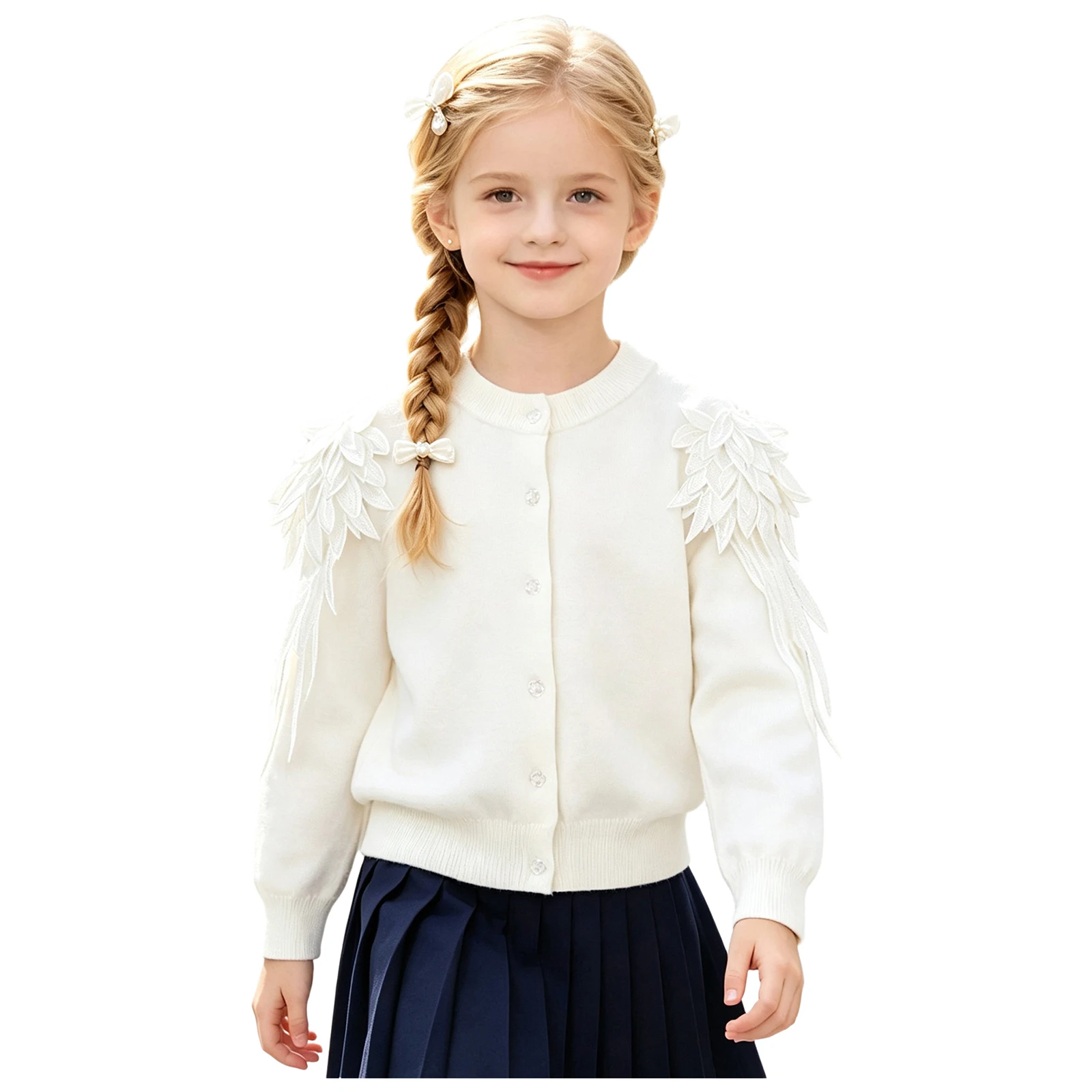 Kids Girls Warm Sweater Cardigan Long Sleeve with Embroidered Applique Button-down Basic Knit Outerwear Coat School Uniform