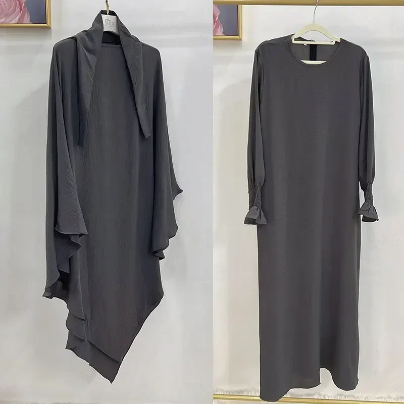 Khimar Hijab and Abaya Matching 2pcs Set Jilbab Muslim Women Prayer Clothes Smocked Cuff Dress Dubai Islamic Outfit Ramadan Eid