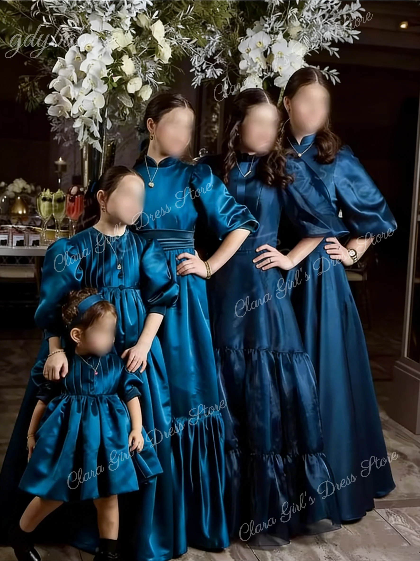 فستان فتاة الزهور من الساتان المكشكش المخصص لحفلات الزفاف فستان بأكمام منتفخة عالي الخصر لأعياد ميلاد الأطفال الصغار والمناولة الأولى