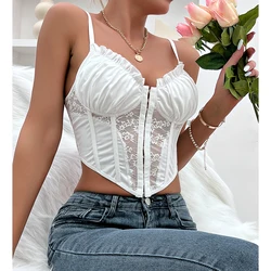 Vemina Lace Pleated Hollowing Mesh See Through Corset 2024 Trendy Fashion Sexy Backless Sheer Fishbone Spaghetti Strap Crop Top