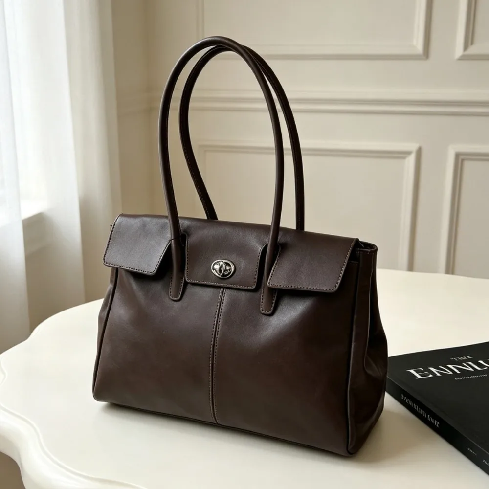 New First-layer Cowhide Handbag High-end Fashion Minimalist Commuting Genuine Leather Texture Versatile Solid Color Intelligence