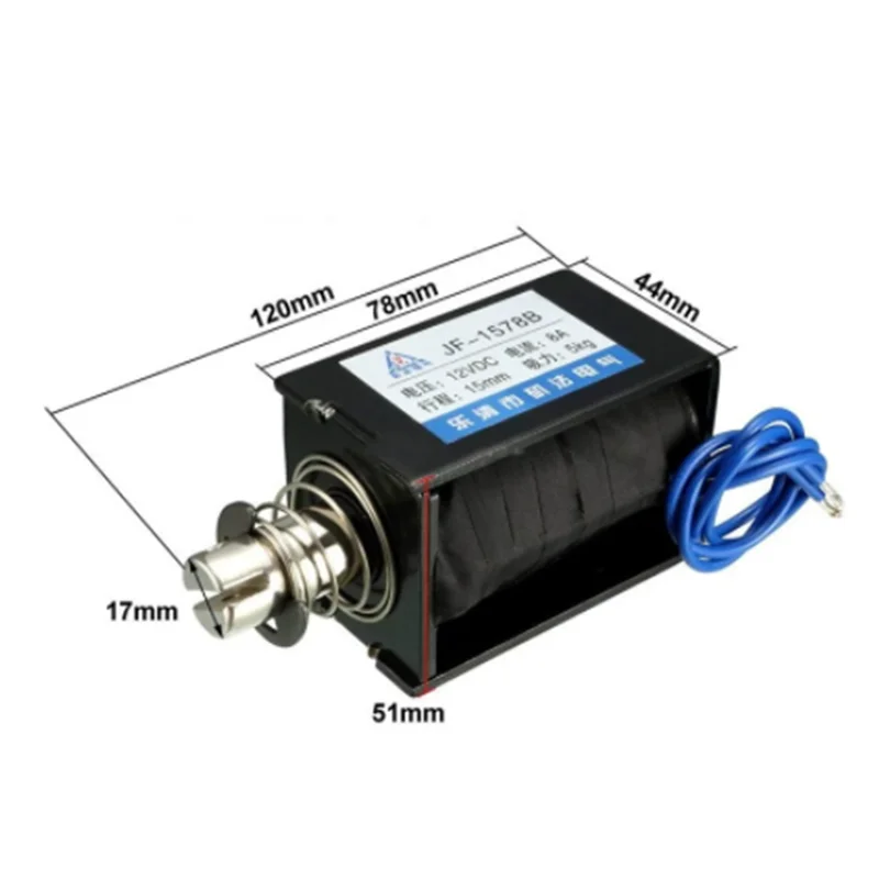 

JF-1578B DC24V 5A 12V 8A 15mm Stroke 5kg 50N Force Open Frame Pull Push Electric Solenoid Electromagnet