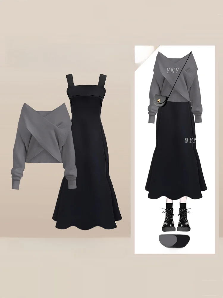 

ort Knitted V-Ne Top And High Waist Skirt Set Women's Faion Slimming Fi Tail Skirt Ensemble Autumn Wear Casual Sle