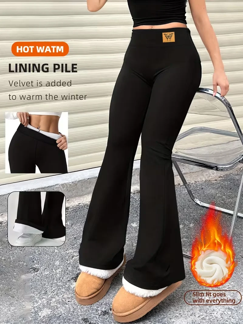 

Женские зимние теплые расклешенные леггинсы с высокой талией, непрозрачные черные брюки с контролем живота для холодной погоды и повседневной носки