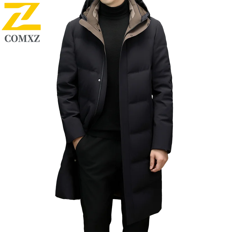 COMXZ Winter Thickened Down Coat 2025 New Men Long Hooded Business Casual White Duck Down Thermal Outerwear Windproof Parka
