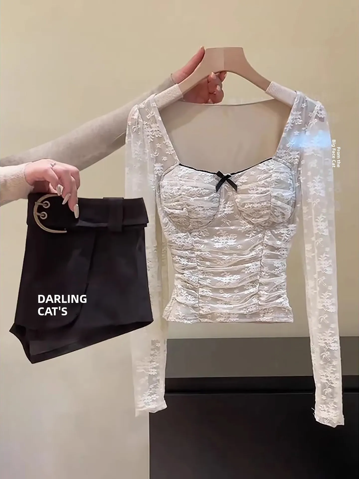 

Bla Lace Square Collar Pleated f Skirt Set Sexy Pure Desire Early Autumn Faion Women's ort Sve T-irt Suit