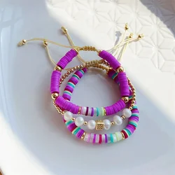 KKBEAD-Polymer Clay Heishi Bracelets Set for Women, Natural Pearl CZ Charm, Jewelry Accessories