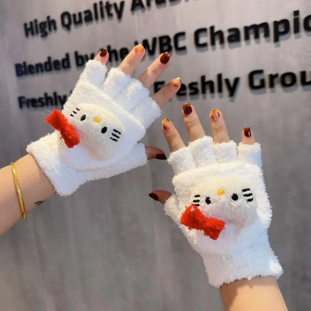 Hello Kitty Women Gloves Winter Warm Cartoon Sanrio Melody Cinnamoroll Pochacco Plush Gloves Student Writing Half Finger Gloves