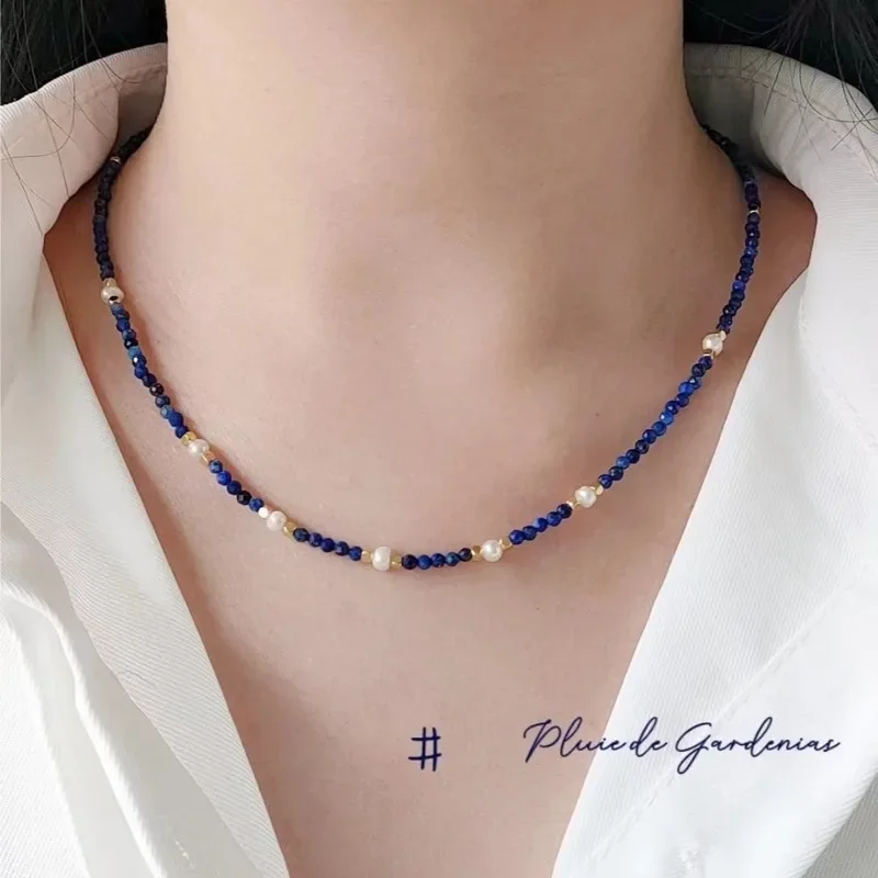 Minar Dainty Navy Blue Lapis Lazuli Natural Stone Freshwater Pearl Beaded Necklace Women\'s 14K Gold Plated Copper Strand Choker