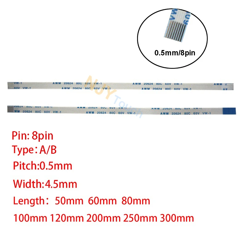 

8-контактный 0,5 мм Шаг FFC FPC AWM 20624 80C 60V VW-1 A B Тип плоский гибкий кабель 60/100/150/200/250/300/400 мм