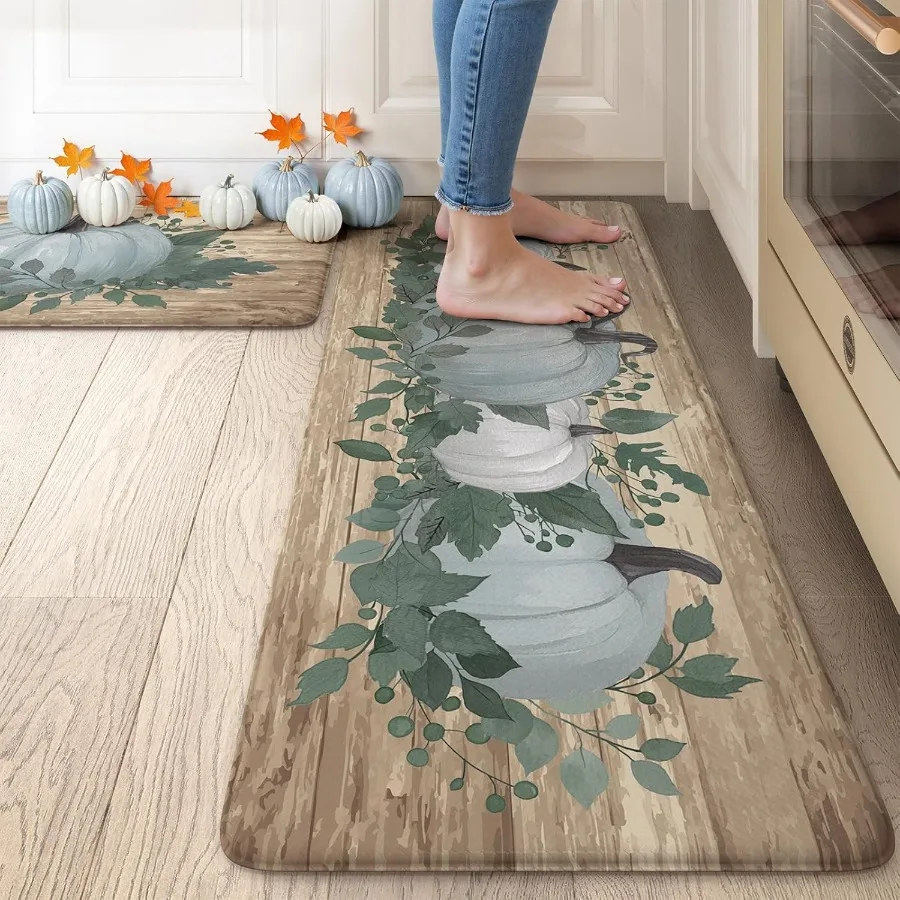 

Pumpkin Fall Kitchens Rugs Set of 2 Blue Anti Fatigue Mats for Kitchen Floor Non Slip Cushioned Waterproof Sink Carpet Comfort