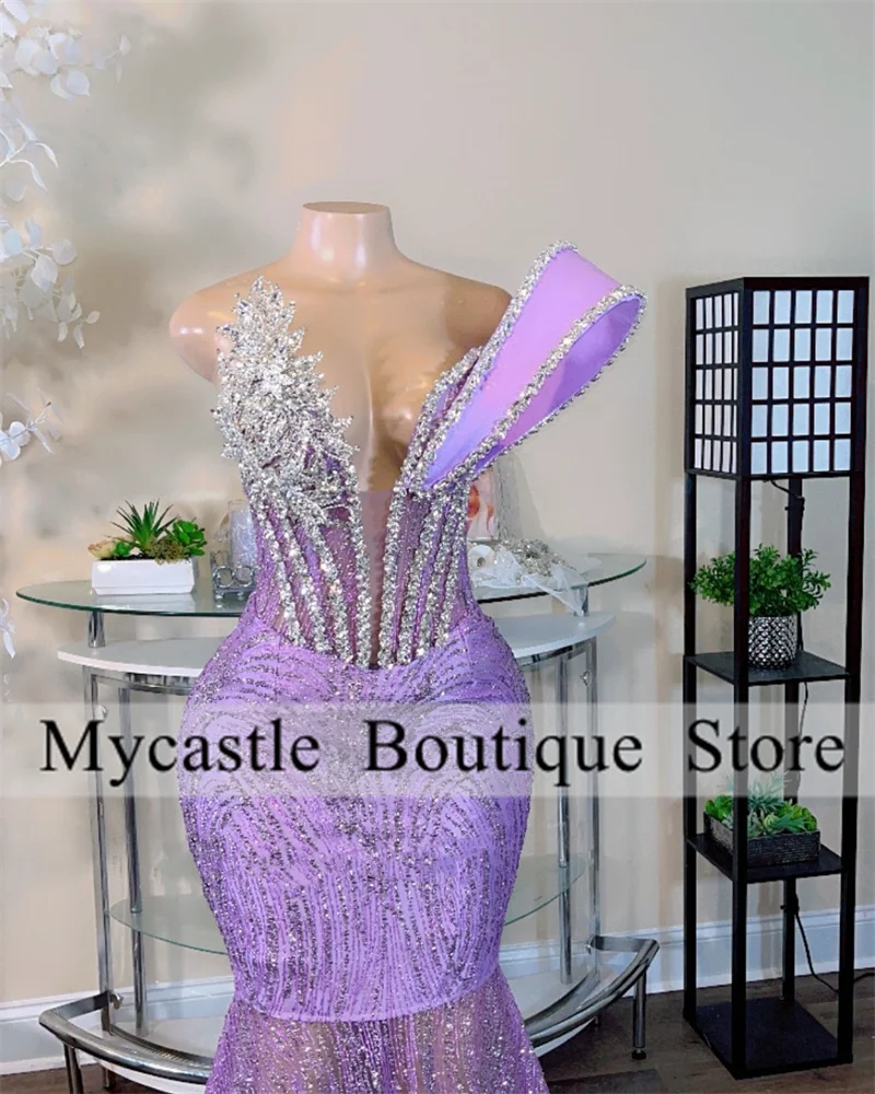 Lilac Purple Lace Beaded Mermaid Prom Dress 2024 Black Girls Luxury Diamante Appliques Evening Dresses Birthday Party Dress