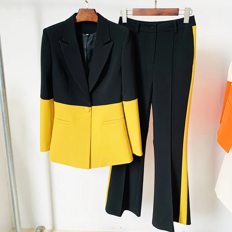 High Street ผู้หญิง Blazer Pantsuits ความคมชัดสีปุ่มเสื้อกางเกง2ชิ้นชุด