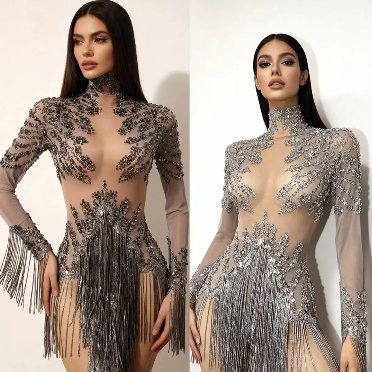 

Роскошное прозрачное платье с блестящими стразами и кисточками, женские бары, вечерние костюмы для ночного клуба, латинские танцы, сексуальный сценический костюм для выступлений