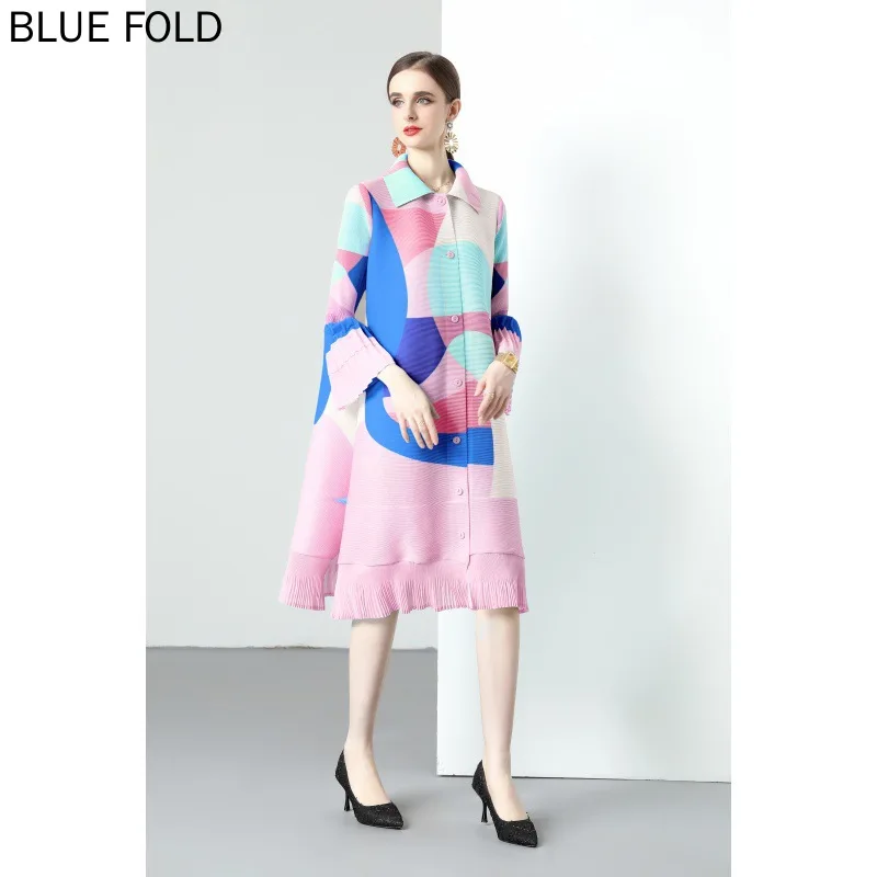 MIYAKE Pleats 2 Colors Optional Spring and Autumn Loose Dress Bell Sleeves Single-breasted Ladies Long-sleeved Dress Elegant