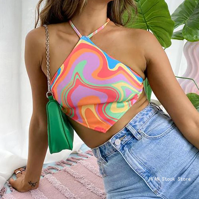 Women's Camisole Sleeveless Backless Strappy Abstract Fashion Charming Print Irregular Hem Summer Tops for Party Club