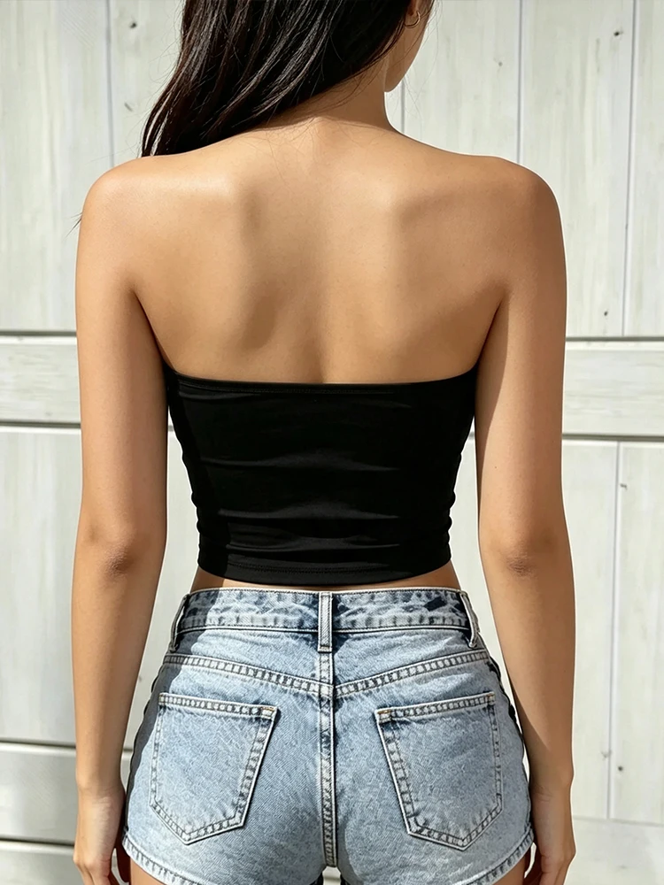 Retro imitation embroidery red rose flower print black strapless short-sleeved bandeau top