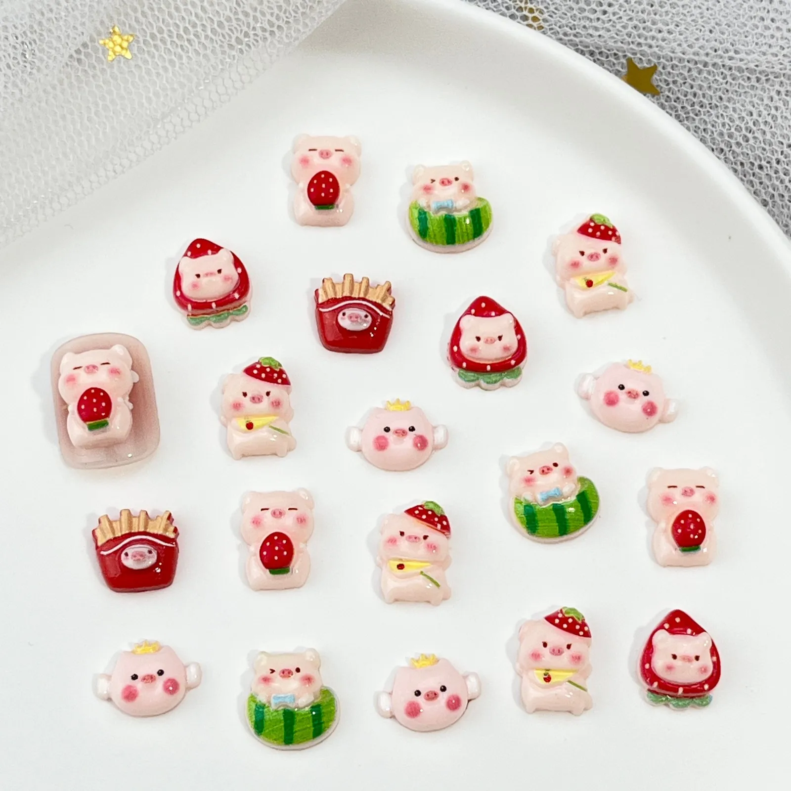 10pcs Fruits Pink Piggy Cartoon Jewelry Nail Art Accessories 3D Cute Parts Resin Nail Charms Decorations Manicure Supplies DIY