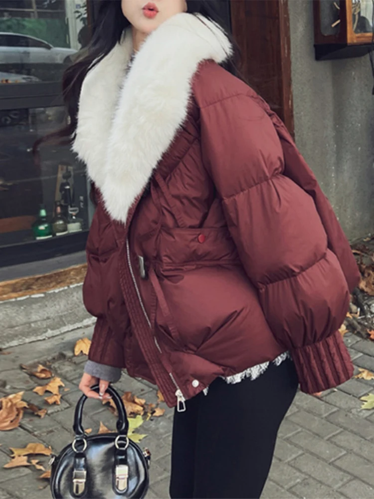 

Thiened ort Cotton Jaet Women's Winter New Sle Bread Sle Coat Large Fur Collar Korean Version Loose Fit Outerwear