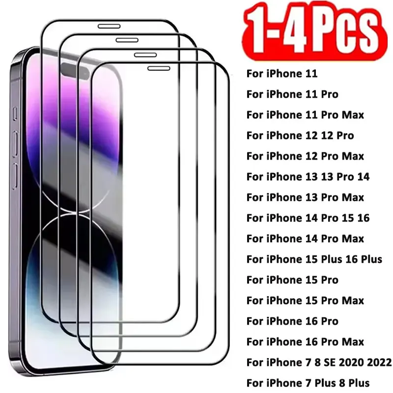 

1-4PCS 9D Full Cover Tempered Glass For iPhone 13 15 16 12 11 14 Pro Max 12 Mini XR 8 Plus X Xs Protective Screen Protector Film