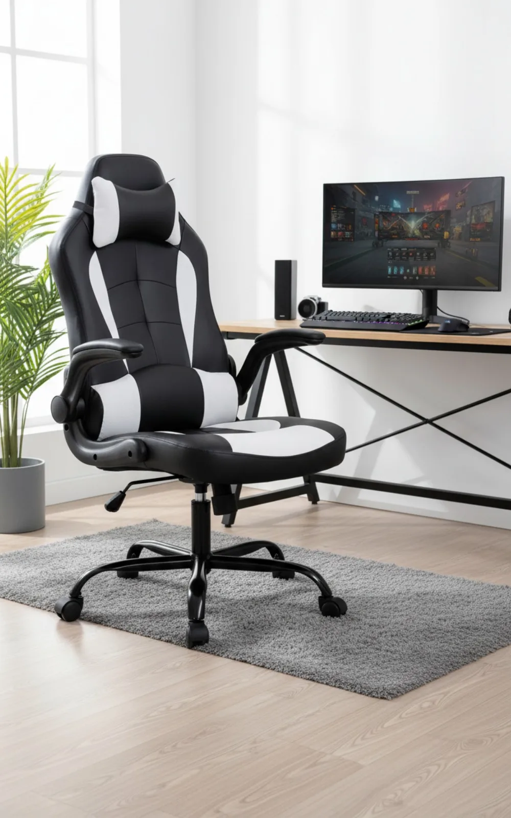 

Ergonomic Gaming Chair with Lumbar Support, Flip-Up Arms, Headrest - High Back PU Leather Computer Desk Chair for Adults (White)