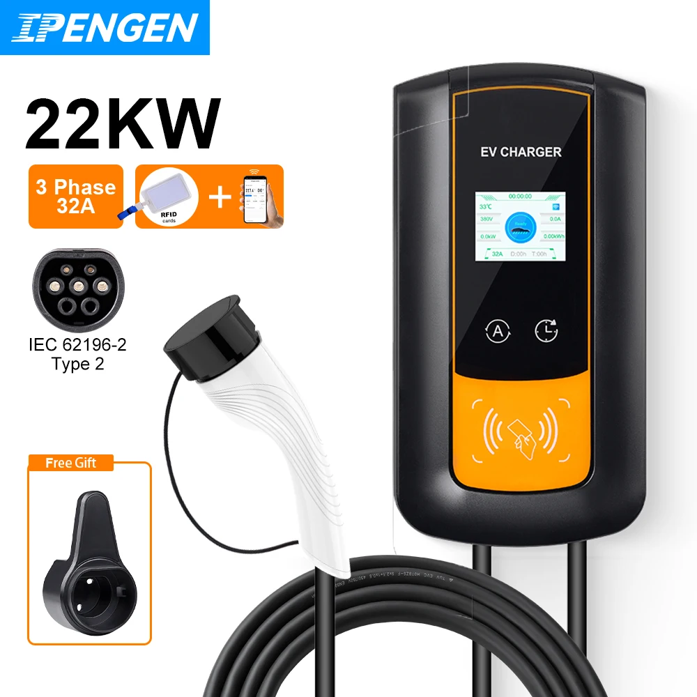 IPENGEN EV Charging Station 32A Electric Vehicle Car Charger EVSE Wallbox Wallmount 7.6/11/22KW Type2 Cable IEC62196 APP Control