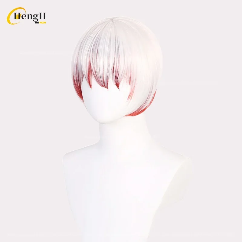 Anime Tetcho Suehiro sintetis uniseks 30cm Wig Cosplay gradien merah putih dengan anting Wig pesta rambut tahan panas + topi Wig