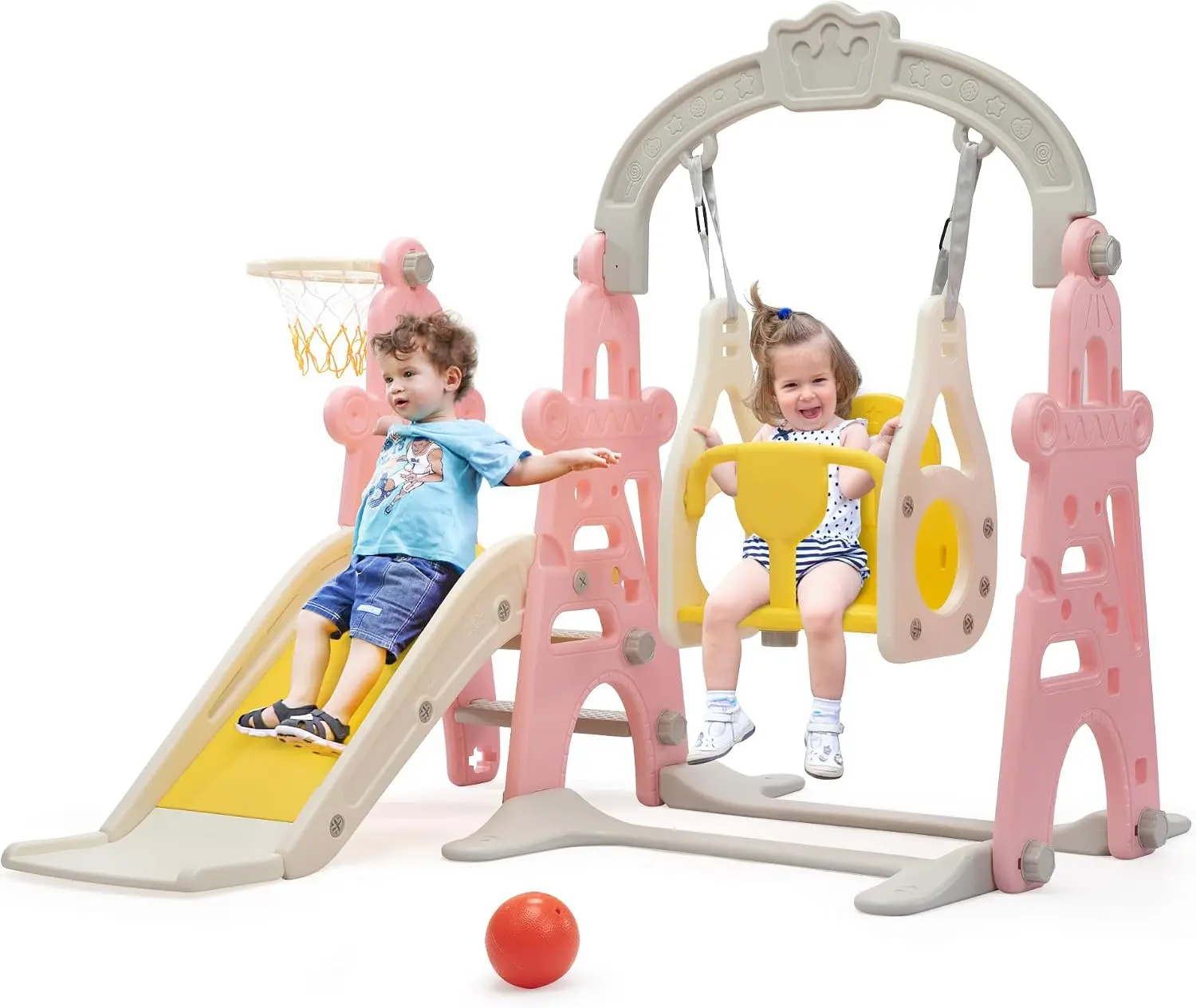 4-in-1 Toddler Slide & Swing Set for Toddlers Age 1-3 | Freestanding Kids Slide with Climber, Swing, Basketball Hoop, Baby Slide