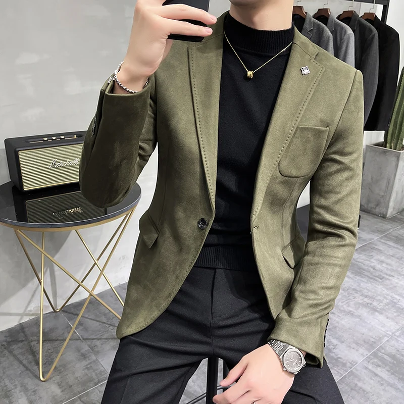 2023 Spring Suede Suit Jacket Men Casual Business Slim Fit Blazer Deerskin Leather Jacket Men Wedding Street Wear Social Coat