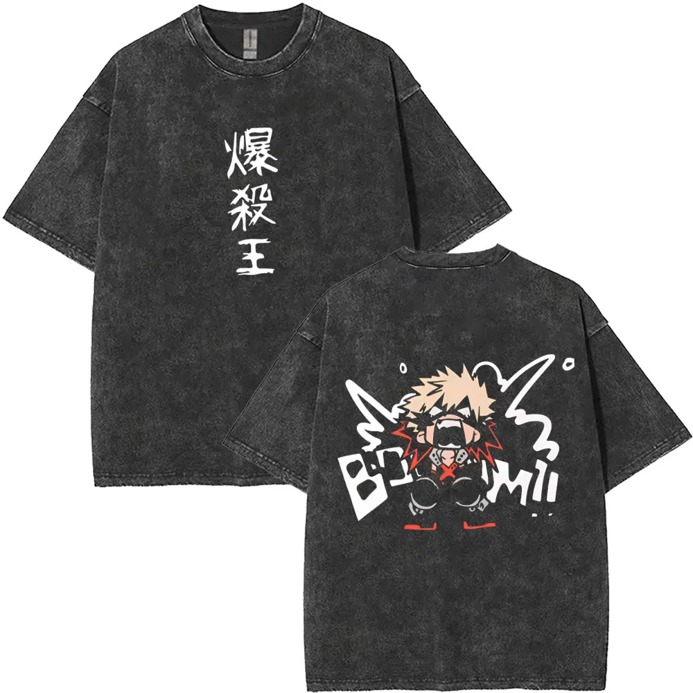 Washed Vintage Anime My Hero Academia Bakugou Katsuki Graphic T Shirt Men Women Casual Cotton T-shirt Male Manga Funny T-shirts