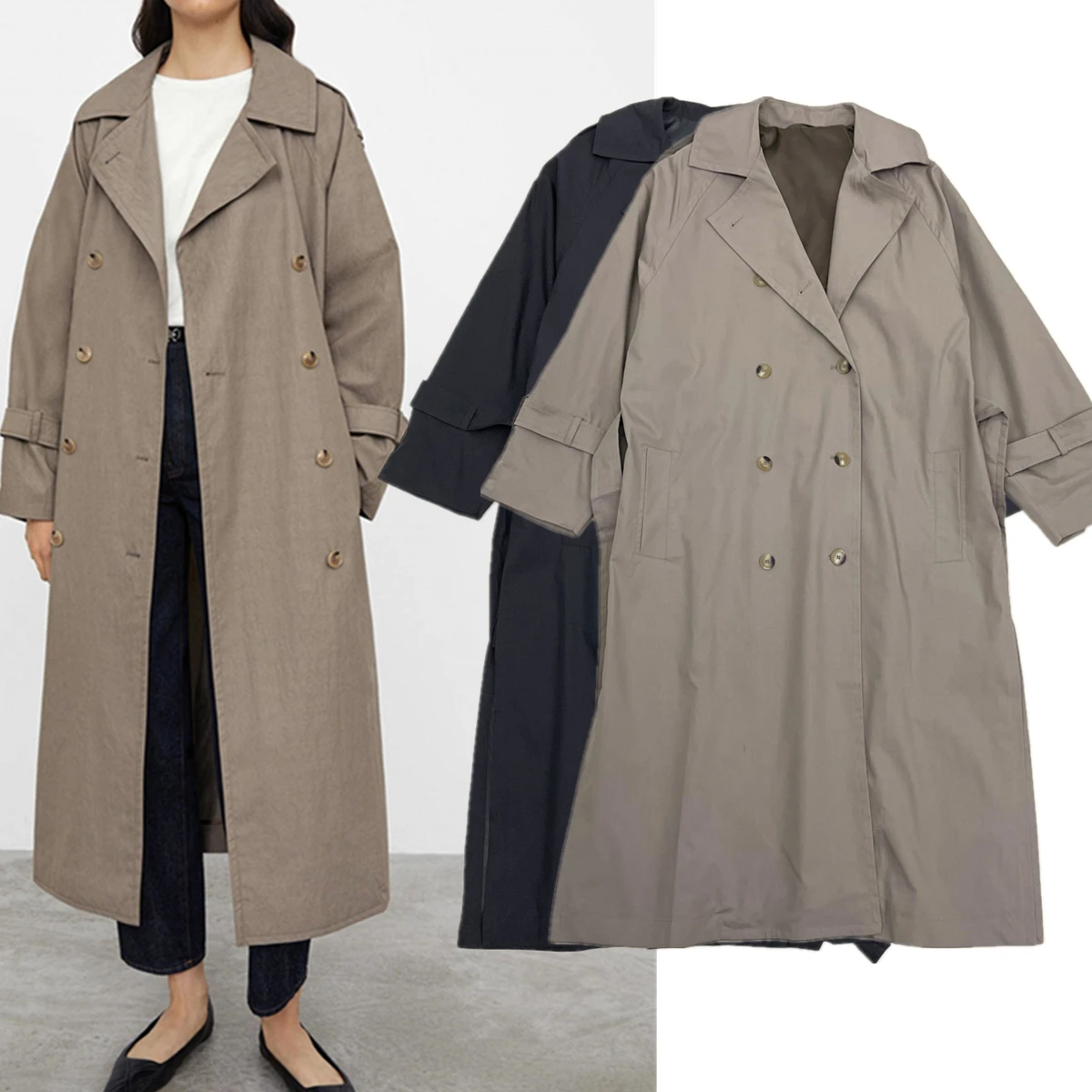 

Maxdutti solid color Winter Overcoat Windbreaker Jacket Minimalist Fashion Ladies Retro Double Breasted Trench Coat Women