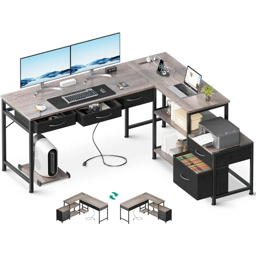 L Shaped Computer Desk with Fabric Drawers and File Cabinet, 53