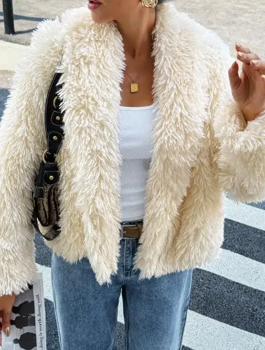 Cappotto casual a maniche lunghe in peluche autunno e inverno 2025, cappotto corto in lana di agnello caldo e lussuoso alla moda in tinta unita da donna