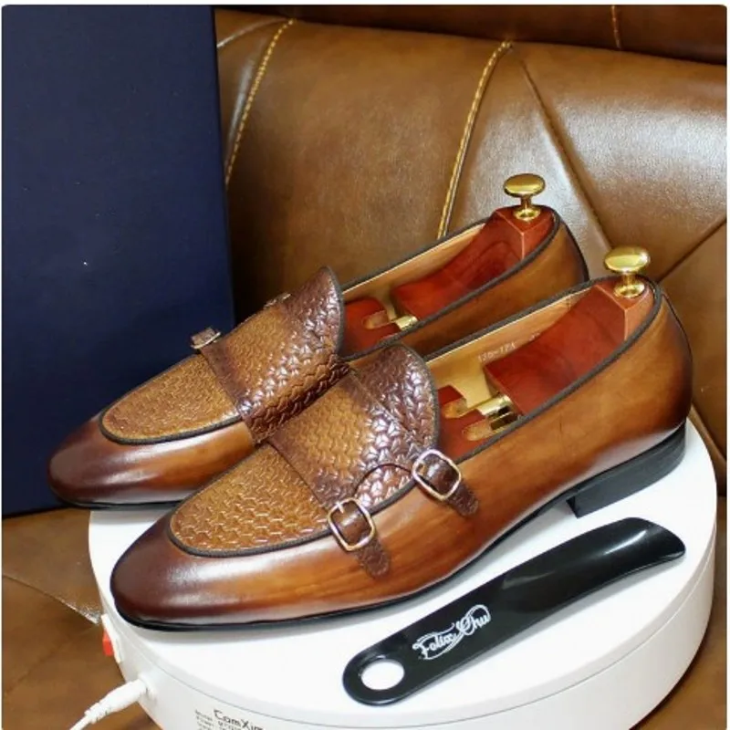 Brown Black Double Buckle Loafers Genuine Leather Fashion Mens Driving Boats Shoes Men Flats