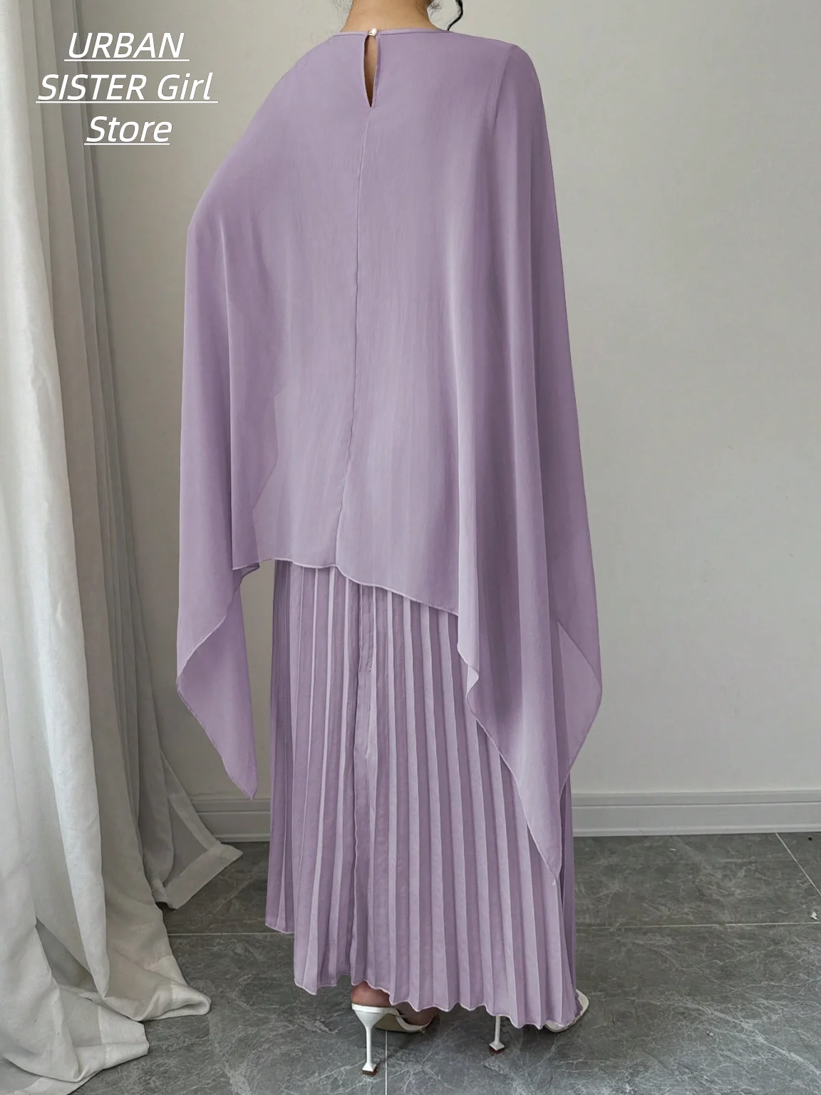 Light Purple Round-Neck Cape Shawl Long-Sleeve High-Waisted Pleated Long Dress, Gentle and Elegant Chiffon Wedding Bridesmaid Banquet Gown