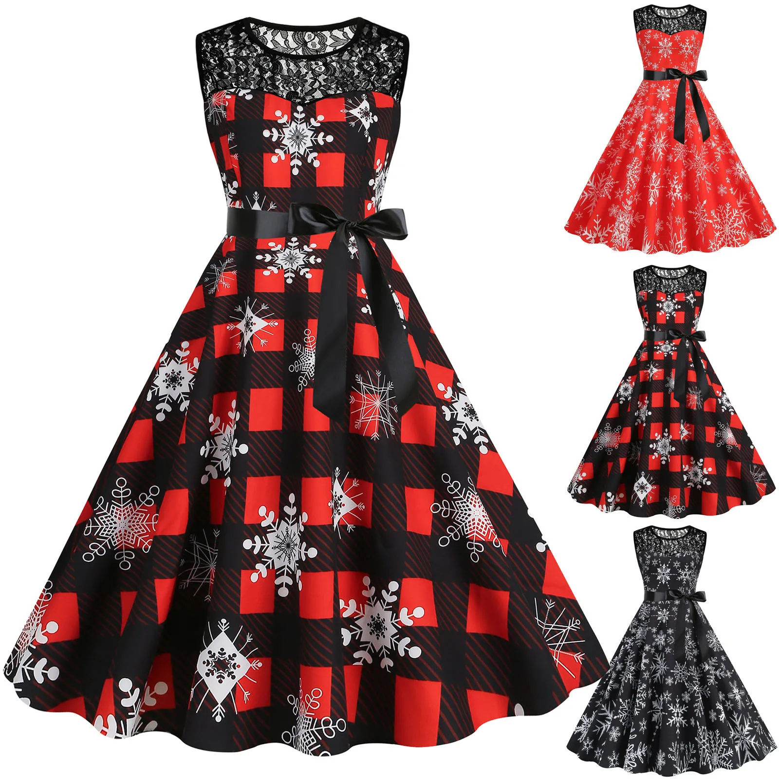 Vintage Christmas Dresses for Women Red Snow Lace Patchwork 50s Holiday Vestidos Sleeveless Big Swing Pinup A Line Party Dress