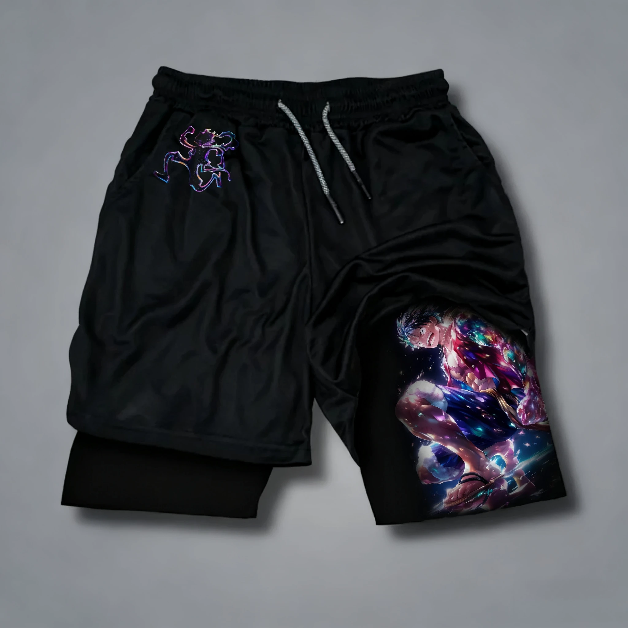 Pantaloncini a doppio strato stampati periferici One Piece Anime Rufy - Pantaloni larghi, sportivi e traspiranti quotidiani da uomo estivi americani