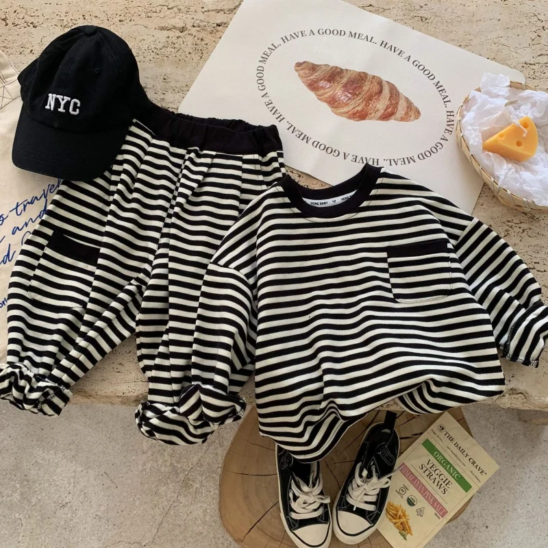 Children's Suit2024Spring New Boys and Girls Striped Casual Two-Piece Baby Loose Suit C0240-WS