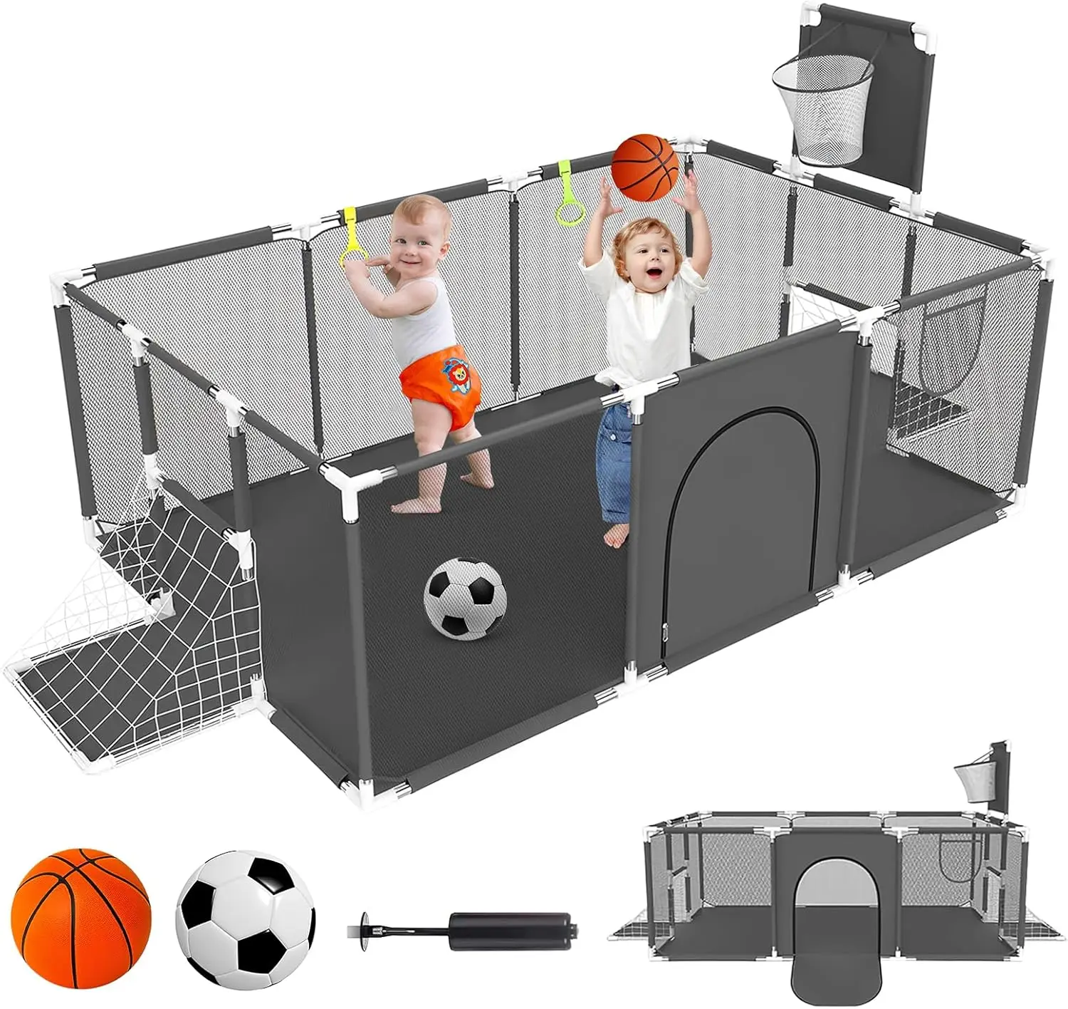 Box per bambini con rete traspirante, con cestino da basket e struttura da calcio, centro attività pieghevole per bambini, 182 x 122 cm