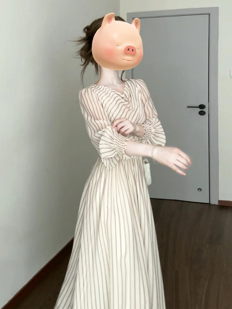 

French Sle Long Sve Wrap Dr Women's High Waist A-Line Skirt Autumn Winter Ele Slimming Long Dr Striped Pattern