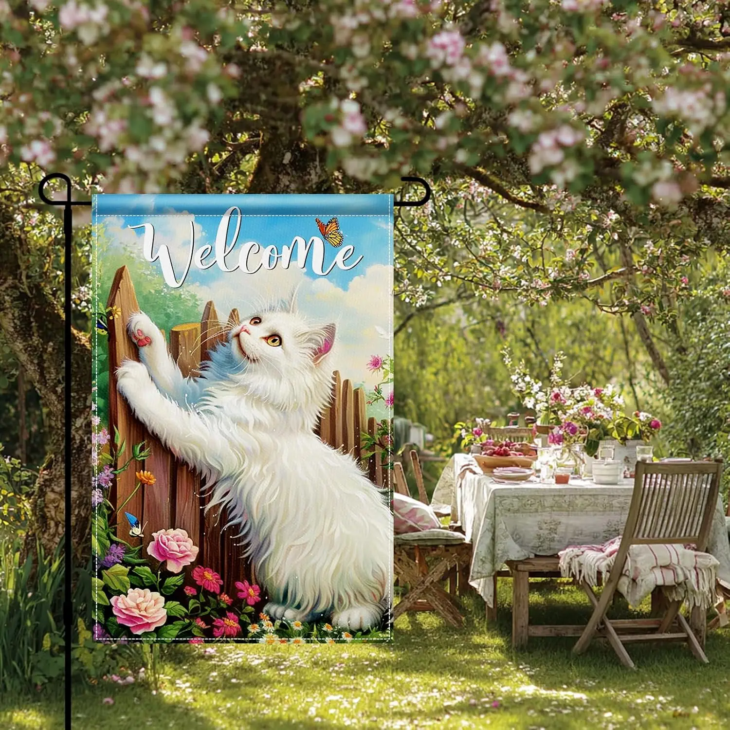 Welcome White Longhair Cat Garden Flag 12x18 Double Sided Vertical Outdoor Decor Cat Flower Butterfly Burlap Garden Flag Law PPM