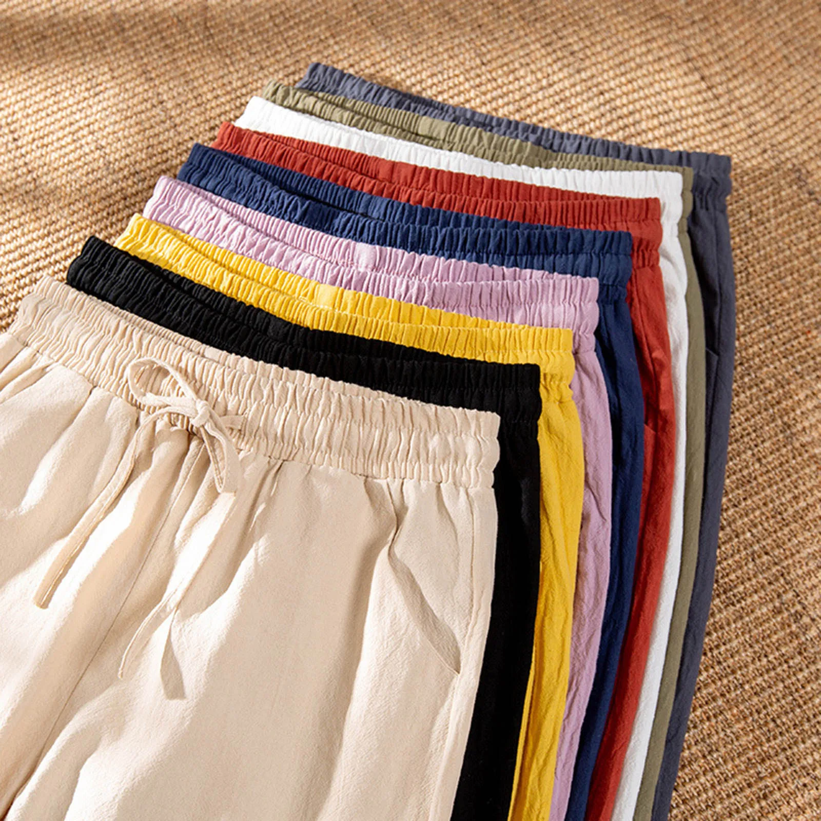 Calça de linho de algodão vintage feminina solta, elástico na cintura, cordão, estética de perna larga, calça de praia