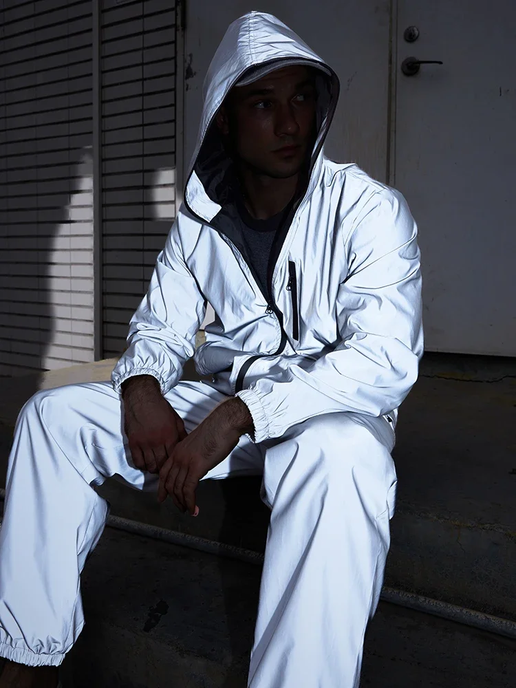 Men's Reflective Performance Tracksuit Set Streetwear Windproof Hooded Jacket Pants Night Party Dancer Outdoor Fashion Outfits