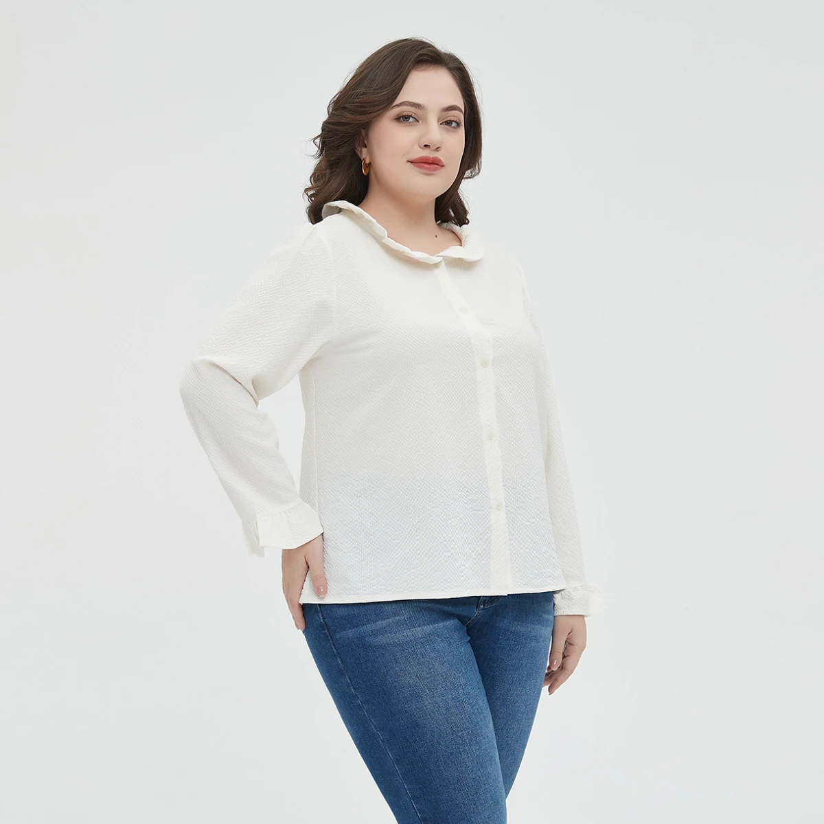 Blusa frontal feminina de botão monocromático, manga comprida, casual de colarinho, plus size, roupas femininas para primavera e outono, L048