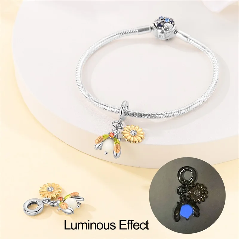 Luminous Firefly Série Charms, 925 pingentes de prata esterlina, se encaixa Pulseiras Pandora originais, Fine DIY Jóias Presentes, vendas quentes