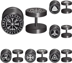 2 Pcs Vintage Norse Viking Runes Barbell Stud Black Earrings for Men Male Boys, Stainless Steel  Black Norse Viking Earring Set