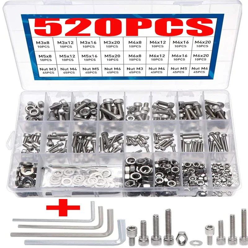 ELECTRAPICK 520pcs Stainless Steel M3 M4 M5 M6 Cylindrical Hexagon Bolt Cap Screw Metric Screws Nuts Flat Washers Male Spanners