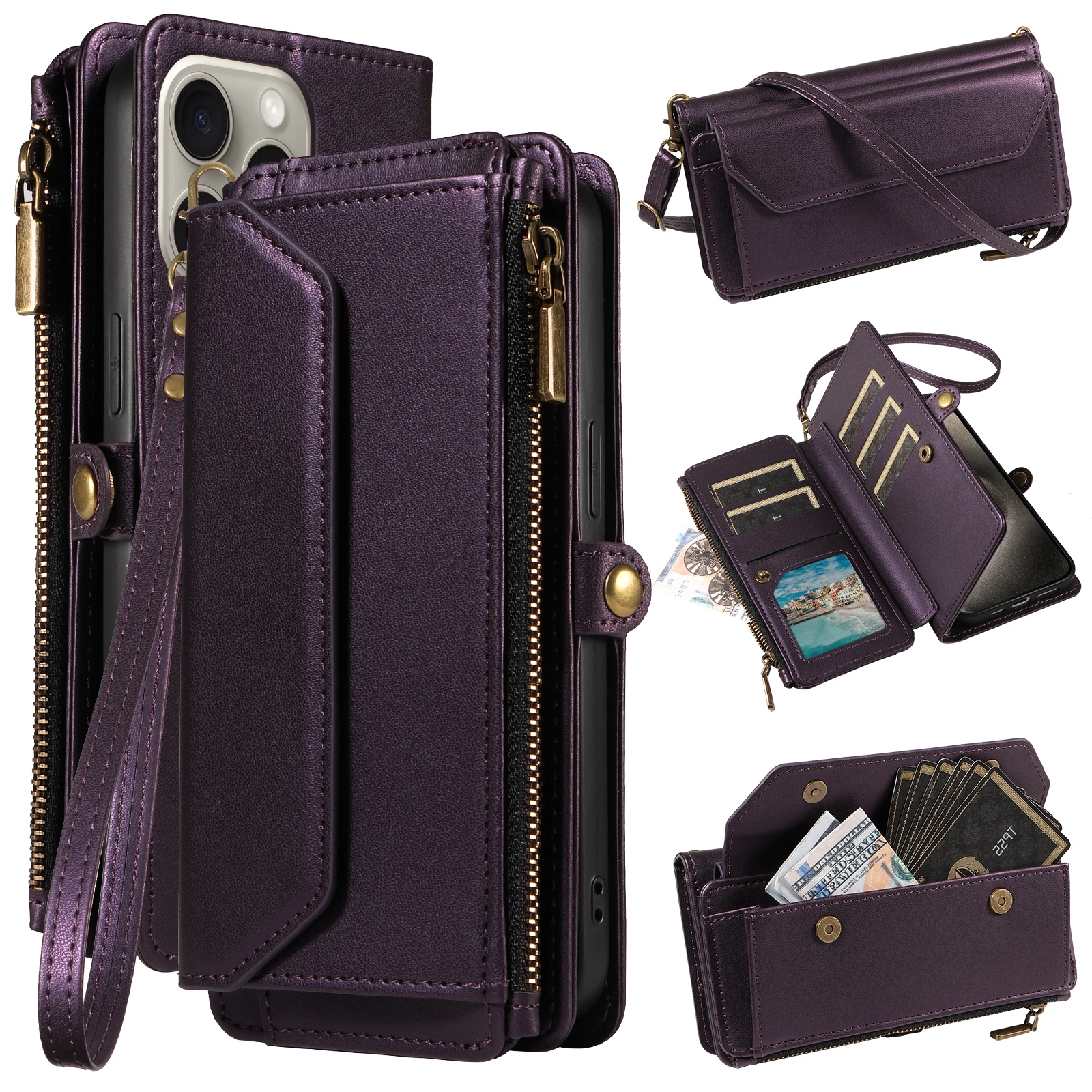 Handyhülle im Wallet-Stil mit mehreren Kartenfächern (langer Riemen + kurzer Riemen) für iPhone 17/16/15/14/13/12/11 Pro Max, Schutzset mit Münzfach, Umhängegurt, Anti-Fall-Kunstlederhülle – Detail 4