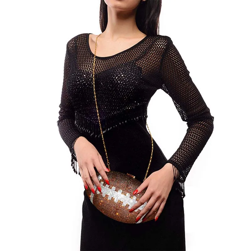 Football Shape Evening Bags Luxury Rhinestone Purses Clutch Lady\'S Handbag Cocktail Party Evening Clutch Bag Chain Crossbody Bag